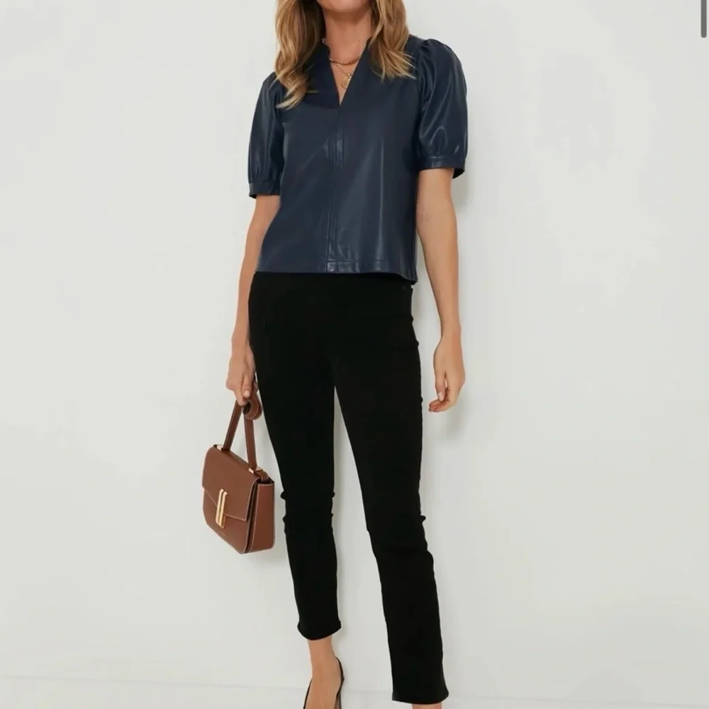 Tuckernuck Hyacinth House Navy Faux Leather Min Top Puff Sleeve Sz XS